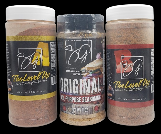 Three Sweet Smokie Joe AB Collection seasonings are displayed: Level Up Pork, Poultry, Fish & More on the left, Original All-Purpose in the center, and Level Up Brisket, Ribs, Steak & Burger on the right.