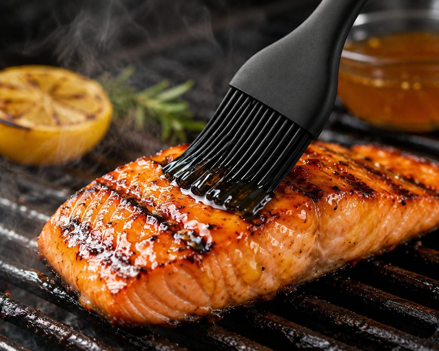A close-up shows a salmon fillet with grill marks being glazed using the Smokin and Grillin wit AB High Heat Resistant Silicone Basting Brush. Steam rises as a grilled lemon half and sauce bowl sit in the background, highlighting freshness.