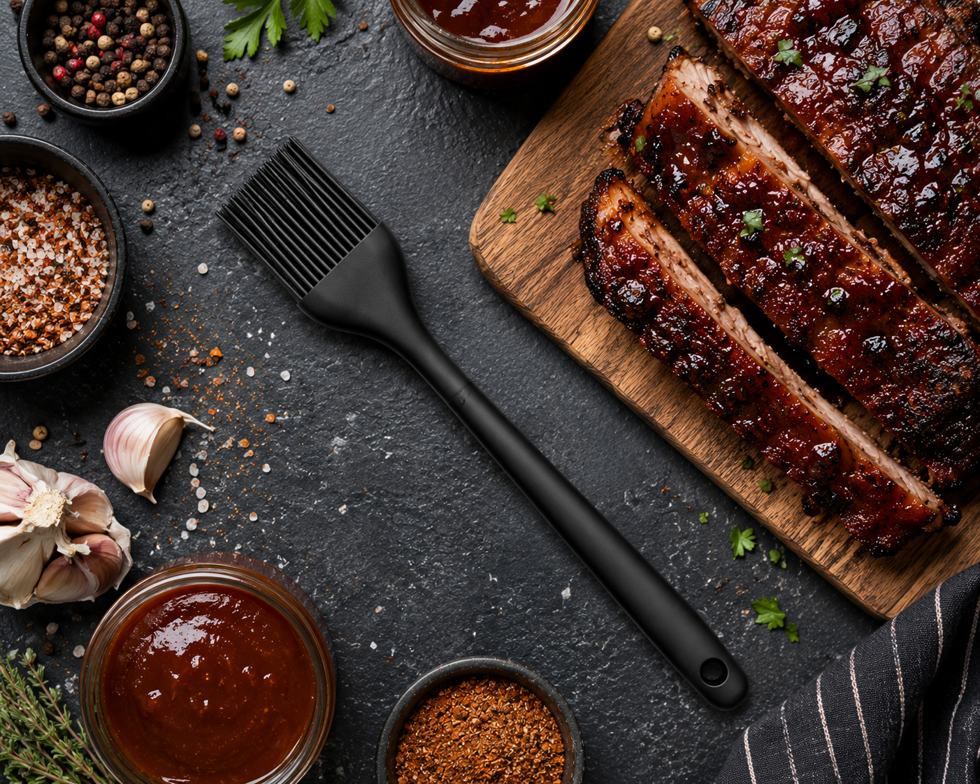 A top-down view of sliced barbecued ribs on a wooden board, surrounded by spices, garlic, peppercorns, barbecue sauce, and the Smokin and Grillin wit AB High Heat Resistant Silicone Basting Brush—an essential BBQ tool—on a dark stone surface.