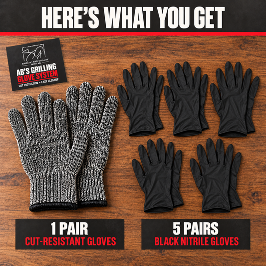 A set includes one pair of gray cut-resistant gloves, five pairs of black nitrile gloves, and a product info card from the Smokin and Grillin wit AB brand, all arranged on a wooden surface. Text above reads, Here’s what you get with the AB’s Grilling Glove System.