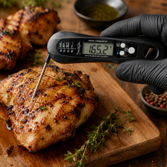 A gloved hand uses the SnG Food Thermometer by Smokin and Grillin wit AB, showing 165.2°F as it checks a grilled chicken breast on a wooden cutting board with herbs and spices nearby.