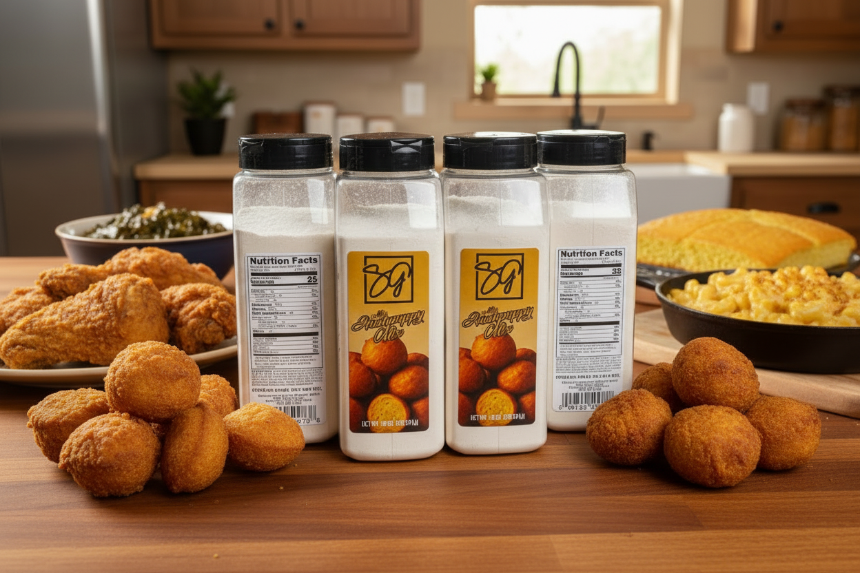Four containers of AB's Hushpuppy Mix food seasoning on a wooden table with fried chicken, cornbread, and macaroni and cheese in a kitchen setting.