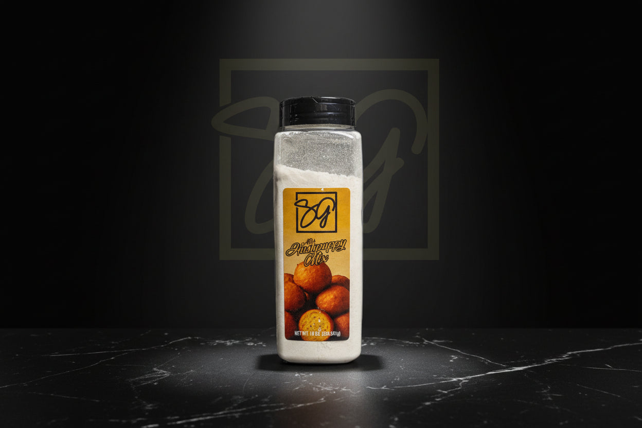 Bottle of 'AB's Hushpuppy Mix' product on a black background with the "SG" logo in the background