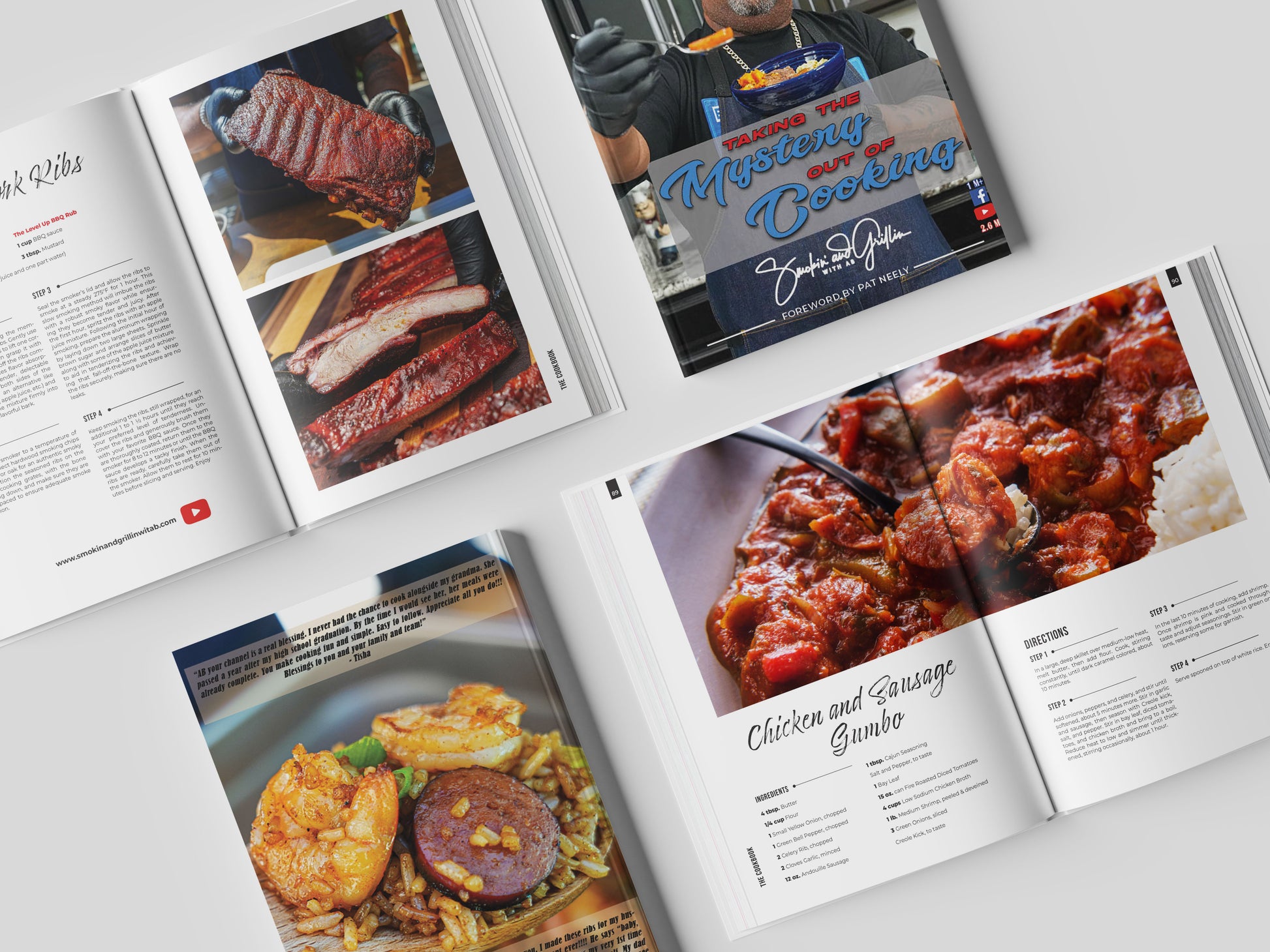 Four open pages of the Taking the Mystery out of Cooking Cookbook by Smokin and Grillin wit AB display vibrant recipes for barbecue ribs, gumbo, and shrimp rice, with easy step-by-step instructions and a chef holding food on the cover.