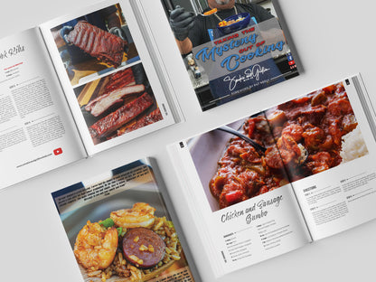 Four open pages of the Taking the Mystery out of Cooking Cookbook by Smokin and Grillin wit AB display vibrant recipes for barbecue ribs, gumbo, and shrimp rice, with easy step-by-step instructions and a chef holding food on the cover.