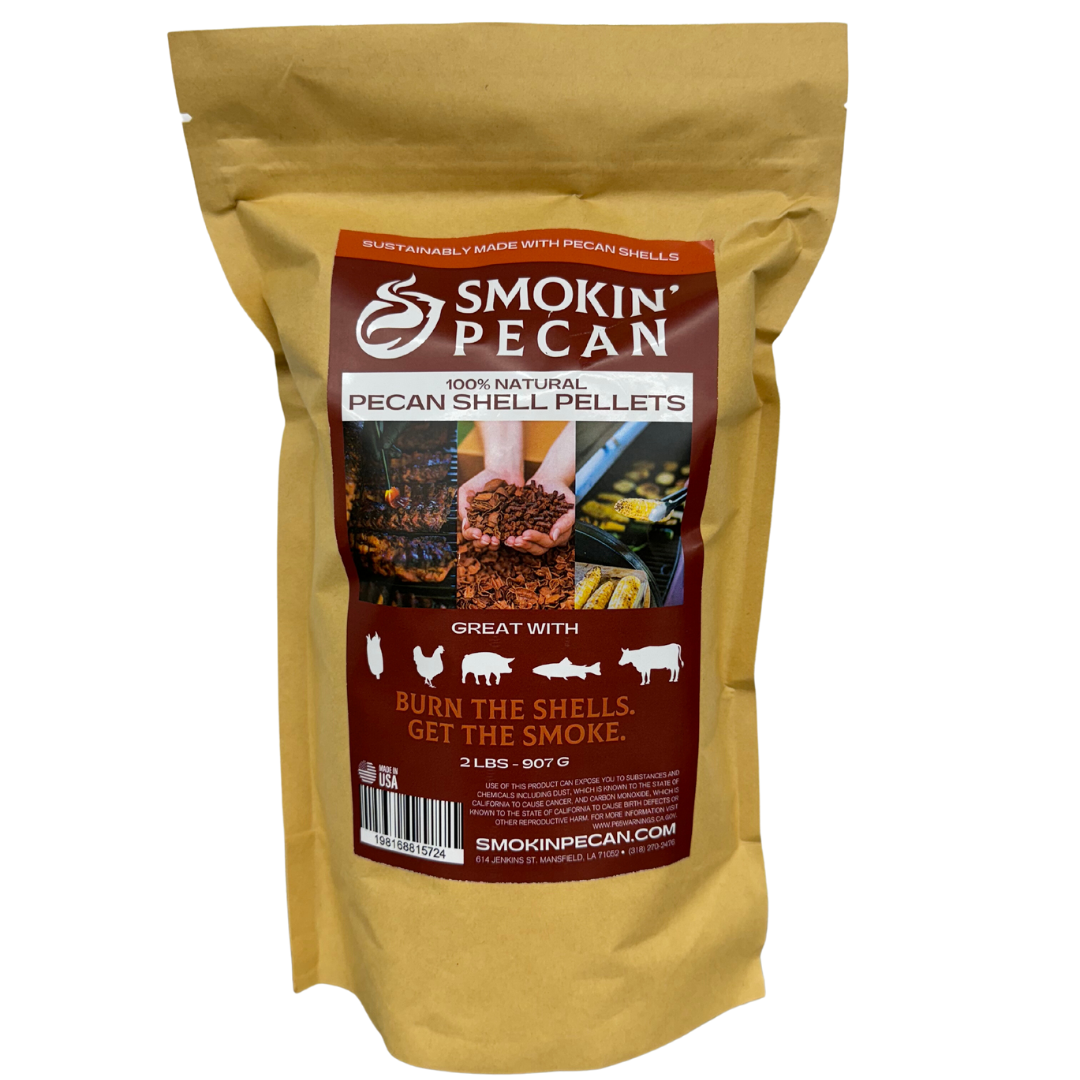 A brown, resealable 2 lb bag labeled Smokin' Pecan Pecan Shell Pellets features images of meats and claims it is great for smoking food. Contains all-natural pecan shell pellets.