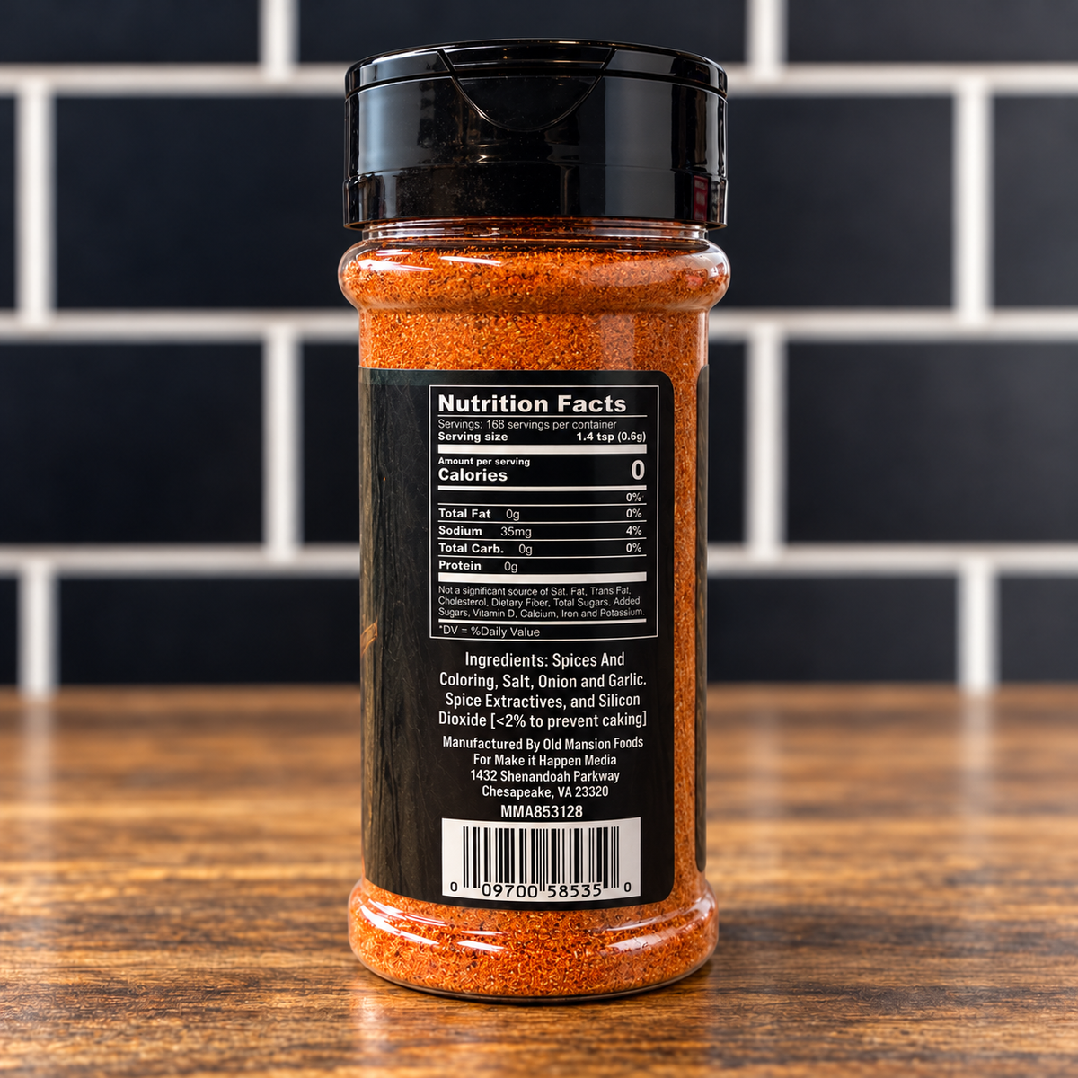 A plastic jar of AB’s Bayou Seasonin’ showing the nutrition facts, ingredients list, and barcode on its back.
