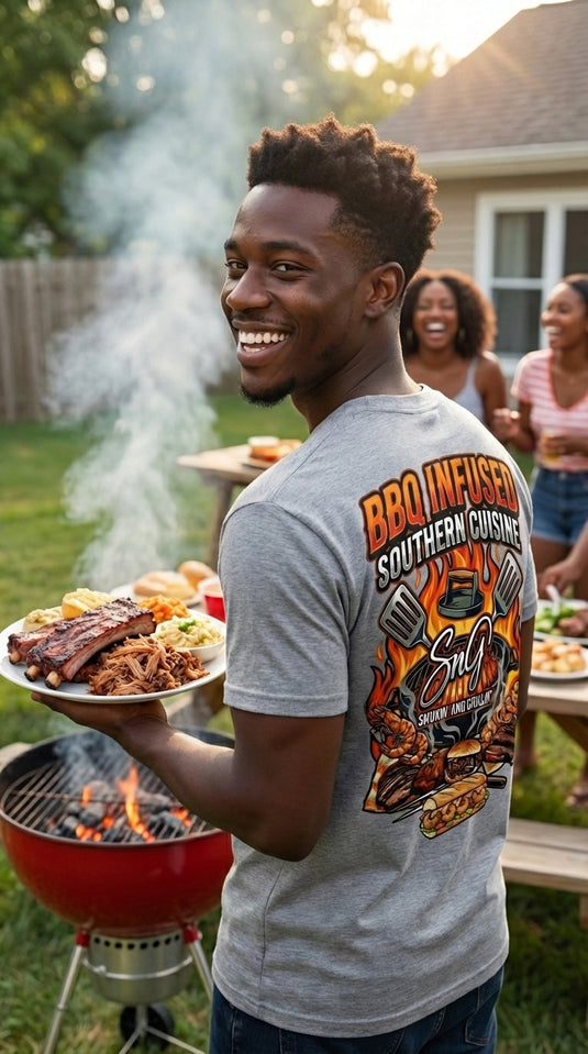 A smiling man stands by a grill at an outdoor gathering, wearing the AB’s BBQ Fusion Food Truck T-Shirt from Smokin and Grillin wit AB; he holds a plate of barbecue as friends and a picnic table appear in the background.