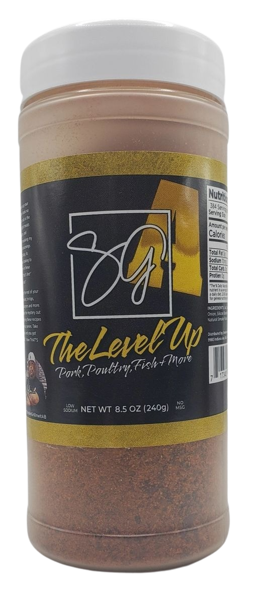 A container of Sweet Smokie Joe A-Rub, The Level Up—perfect for pork, poultry, and fish—with a black and gold label, white lid, and 8.5 oz (240g) net weight. Ideal for all your level up recipes.