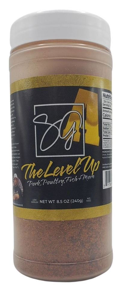 A container of Sweet Smokie Joe A-Rub, The Level Up—perfect for pork, poultry, and fish—with a black and gold label, white lid, and 8.5 oz (240g) net weight. Ideal for all your level up recipes.