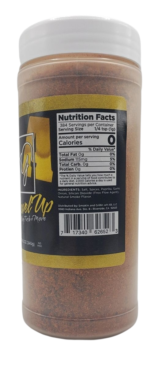 Sweet Smokie Joe's A-Rub, The Level Up comes in a plastic container with a nutrition label showing 84 servings (1/4 tsp each), 0 calories per serving, and a barcode. Filled with reddish-brown spice, it's perfect for light meats and boosting recipes.