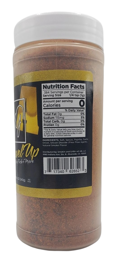 Sweet Smokie Joe's A-Rub, The Level Up comes in a plastic container with a nutrition label showing 84 servings (1/4 tsp each), 0 calories per serving, and a barcode. Filled with reddish-brown spice, it's perfect for light meats and boosting recipes.