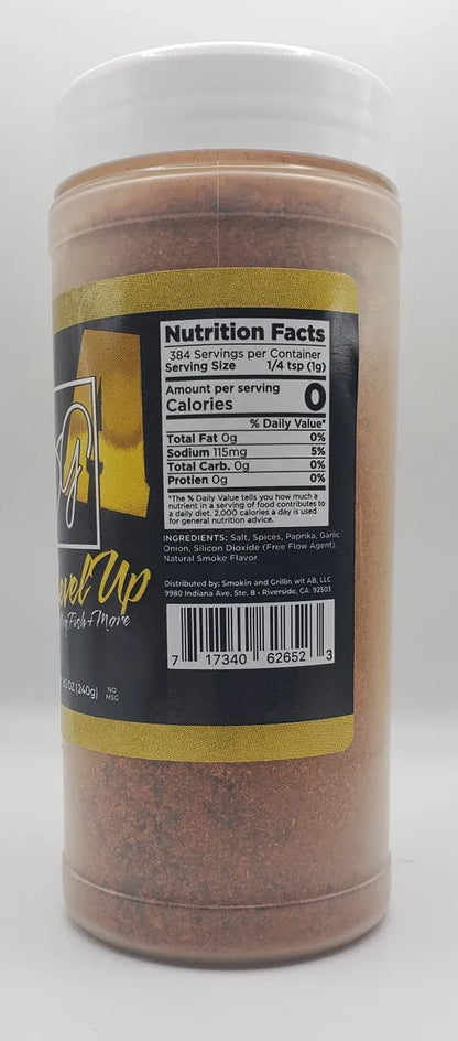 A plastic container of Sweet Smokie Joe A-Rub, The Level Up, with a black and yellow label shows nutrition facts, ingredients, and a barcode. Great for light meats—each 1/4 tsp has 0 calories, 0g fat or protein. Effortlessly level up recipes!.